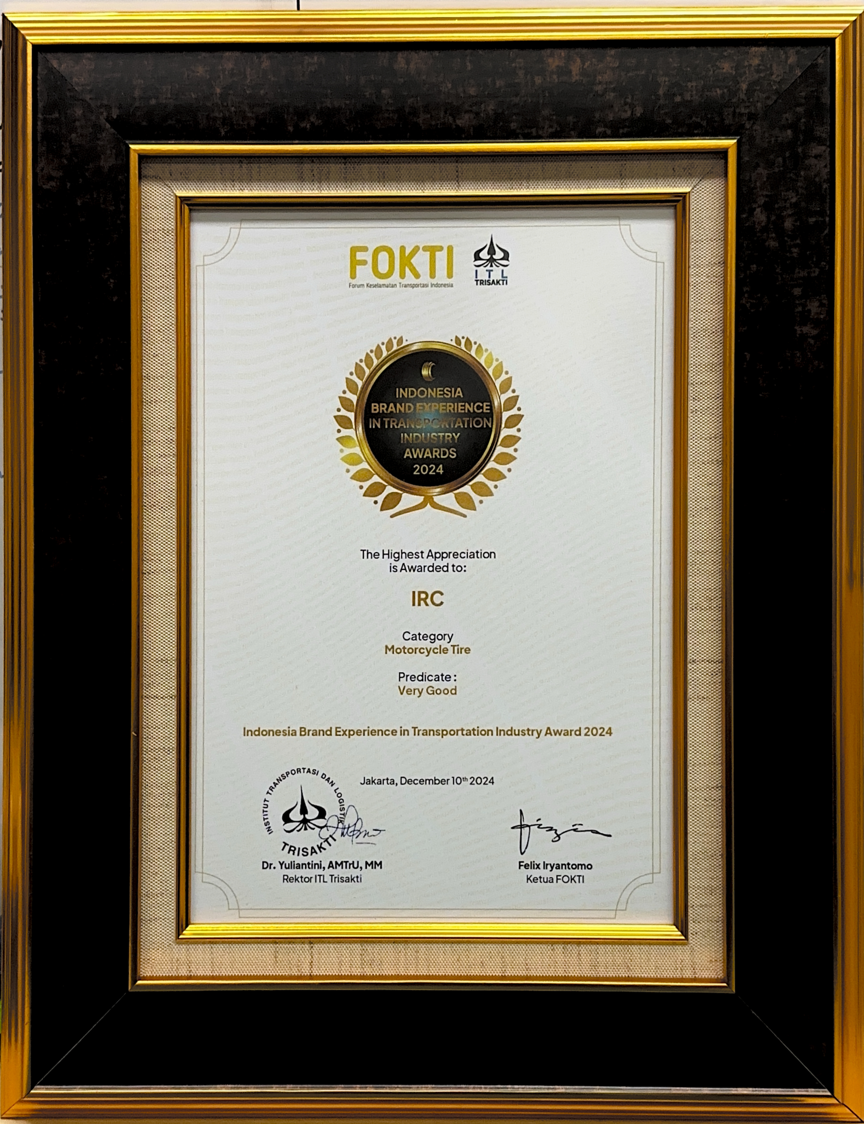 IRC Tire Earns the “Very Good” Title at the 2024 Indonesia Brand Experience in Transportation Industry Award